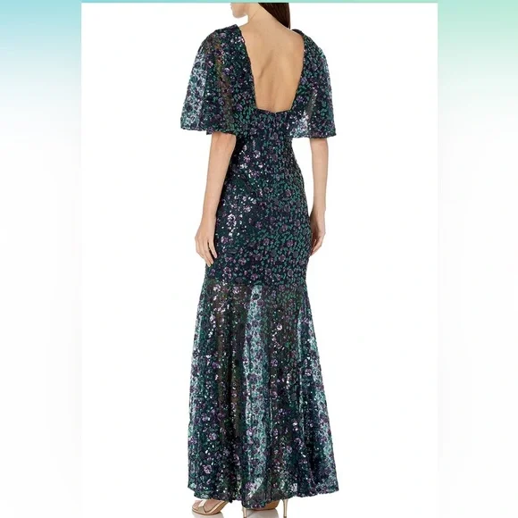 NWT! Dress the Population Lourdes Flutter Sleeve Sequin Lace Long Gown - Picture 2 of 4